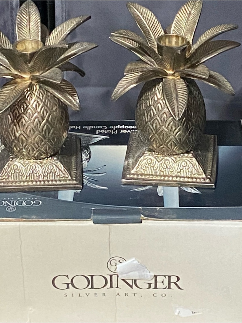 Godinger Gold-Tone Pineapple Candle Holders, Pair silver plate distressed
